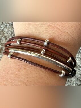 Silver Accent Brown Leather Multi-Strand Women's Bracelet